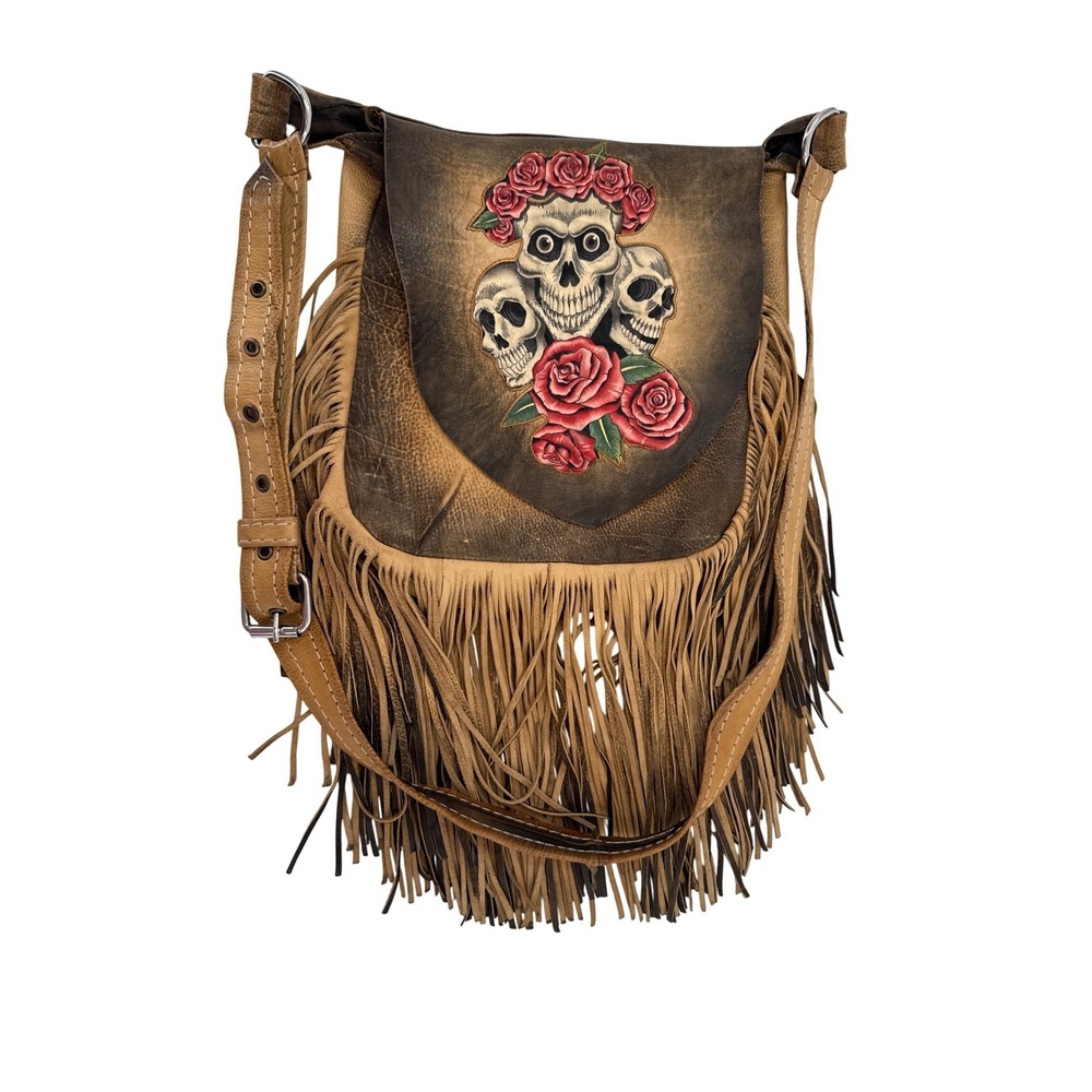 Bohemian Crossbody Bag Womens Brown Skull Rose Fringe Western Rocker Leather